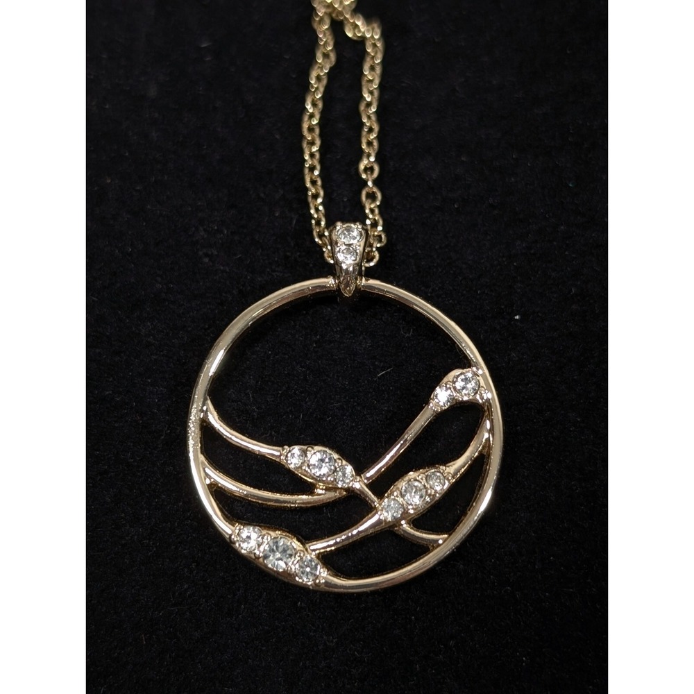 Vintage NRT Gold Tone Round Crystal Wave Pendant Statement Necklace 20"